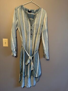 AUW Blue and Ivory Striped Ombre Asymmetrical Button-Front Dress with Tie Waist